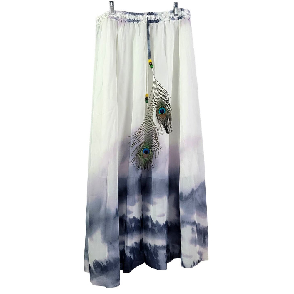 Flowing Skirt with Peacock Feathers and Beaded Drawstring 3X